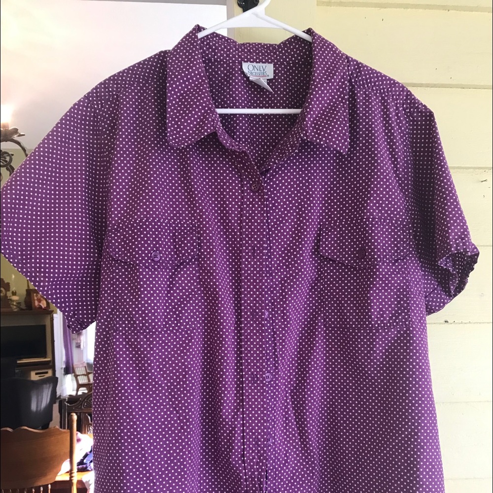 Purple polka dot button down shirt.